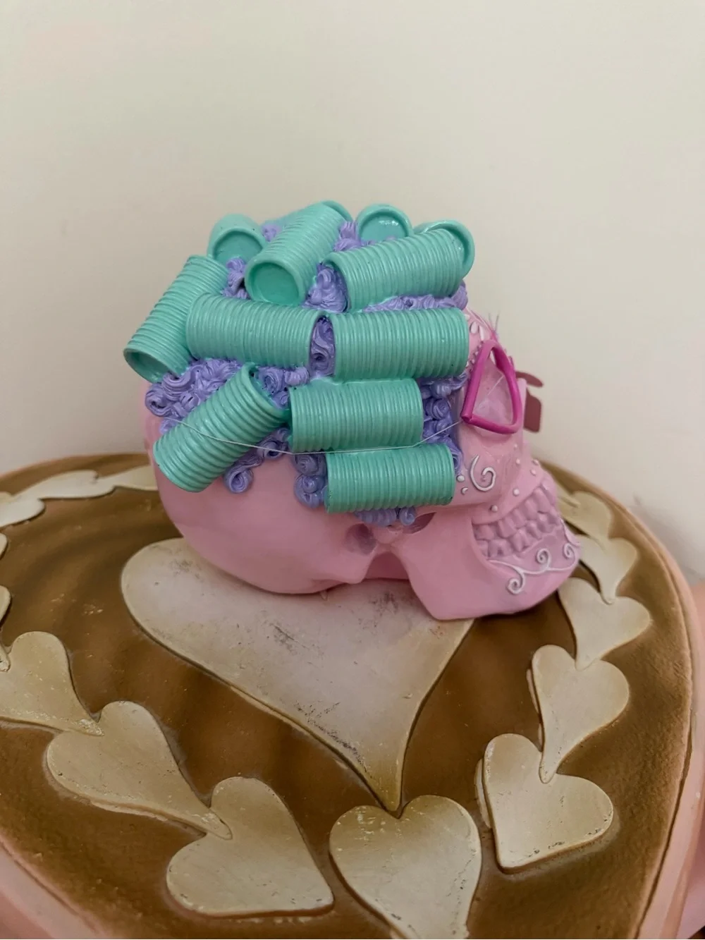 Hey Boo Resin Pastel Halloween Spa Sugar Skull with Curlers & Glasses